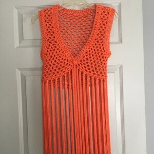1970’s Orange Crocheted Hippie Boho Vest Fringes Handmade Authentic New